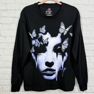 Works of Madness Long Sleeve Tee Men Large Black Spiritual Beauty Butterfly